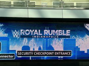 At the security checkpoints, the "WWE Royal Rumble 2025" logo was on top of downtown Indianapolis.