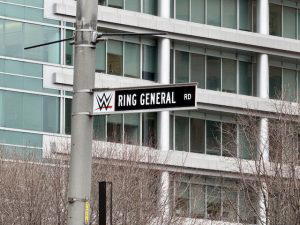 Several streets in downtown Indianapolis were renamed for the "WWE Royal Rumble 2025" weekend. This street was renamed Ring General Road.
