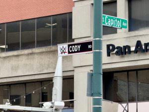 Several streets in downtown Indianapolis were renamed for the "WWE Royal Rumble 2025" weekend. This street was renamed Cody Road.