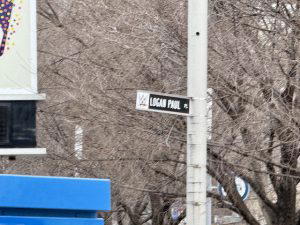 Several streets in downtown Indianapolis were renamed for the "WWE Royal Rumble 2025" weekend. This street was renamed Logan Paul Place.