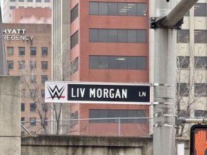 Several streets in downtown Indianapolis were renamed for the "WWE Royal Rumble 2025" weekend. This street was renamed Liv Morgan Lane.
